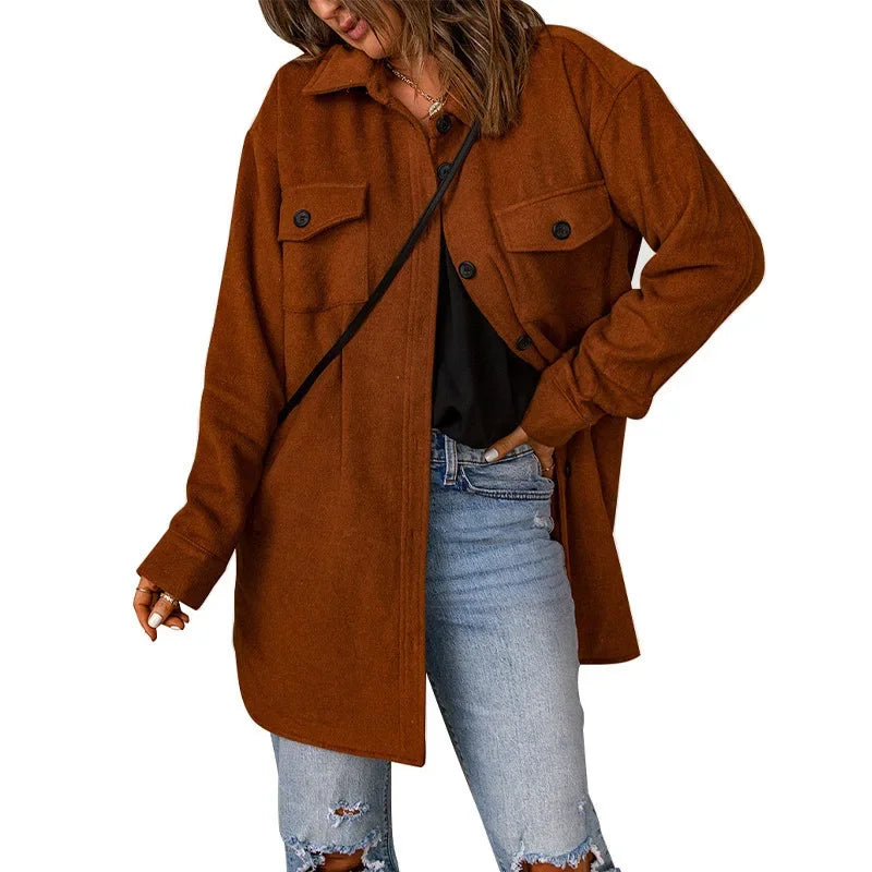 Winter Women Woolen Coat Top Elegant New 2024 Fashion Long Sleeve Turn Down Collar Single Breated Pocket Loose Jacket Outwear